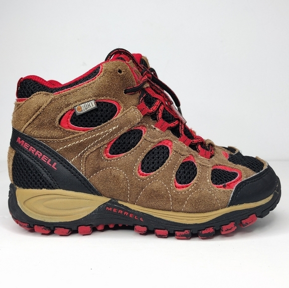 Merrell Suede Brown Red Performance Footwear Hiking Lace Up Boots Sz 1 - Picture 3 of 11